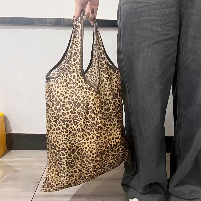 Large Capacity Leopard Print Hand Shopping Bag Women's Daily Folding Handbag